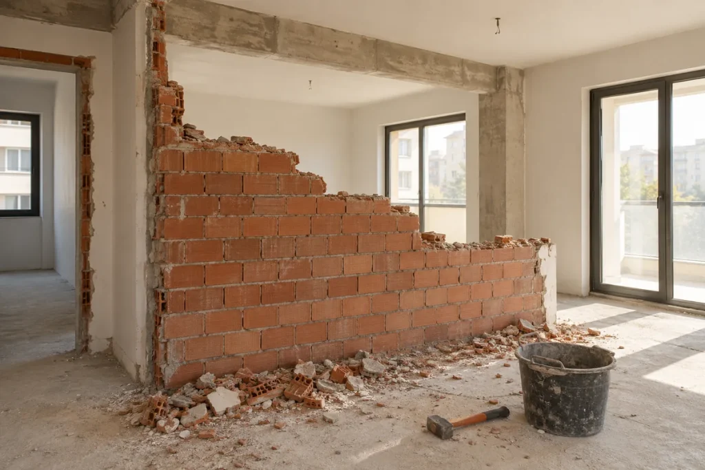İç mekânda tuğla bölme duvar sökümü — temsili görsel