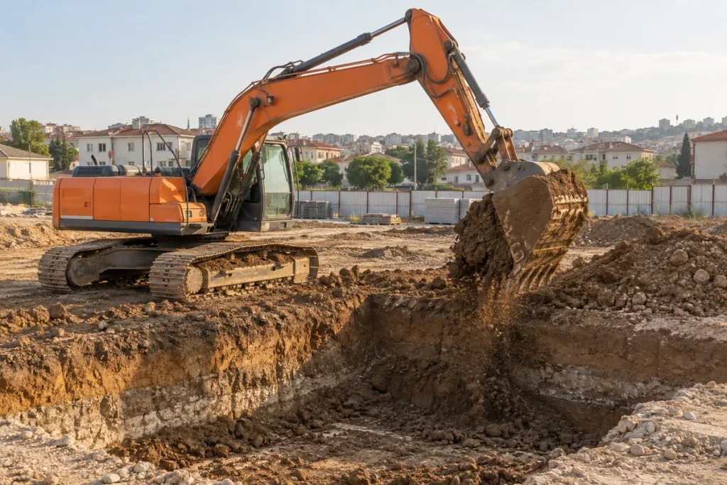 Ekskavatörle temel kazısı ve hafriyat — temsili görsel