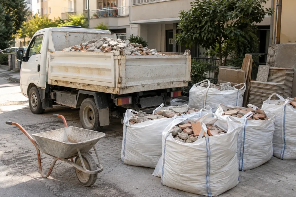Moloz çuvalları ve damperli kamyonla taşıma — temsili görsel